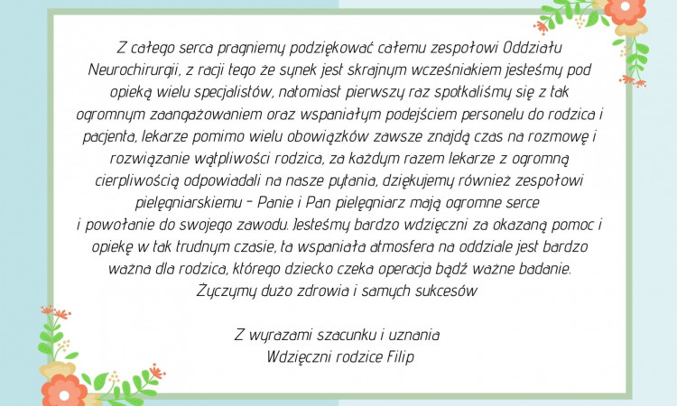 Podziękowania dla Zespołu Kliniki Neurochirurgii. 